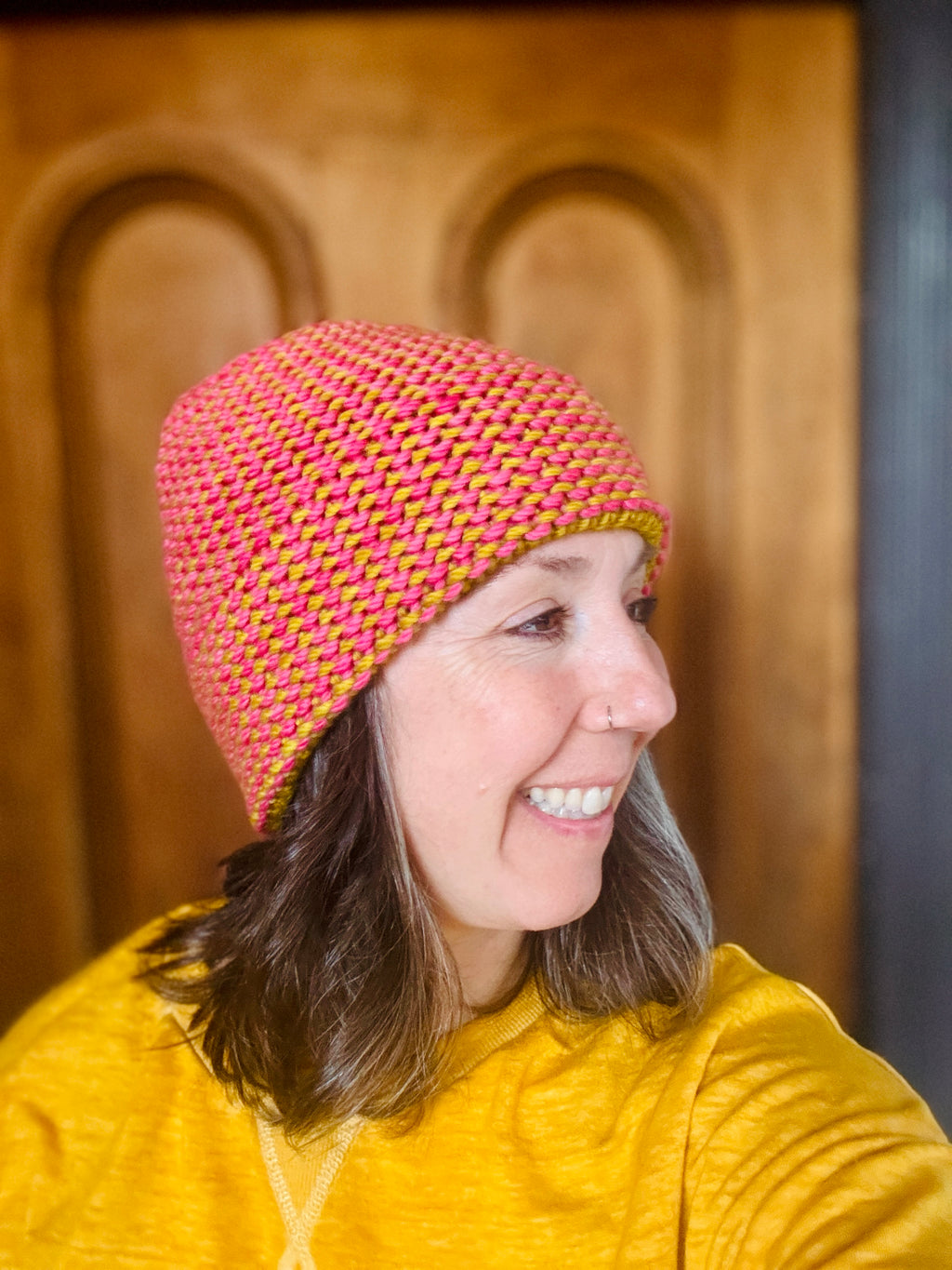Luxury women's hand knit winter beanie pink gold color wool slow fashion gift