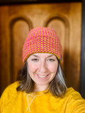 Luxury women's hand knit winter beanie pink gold color wool slow fashion gift