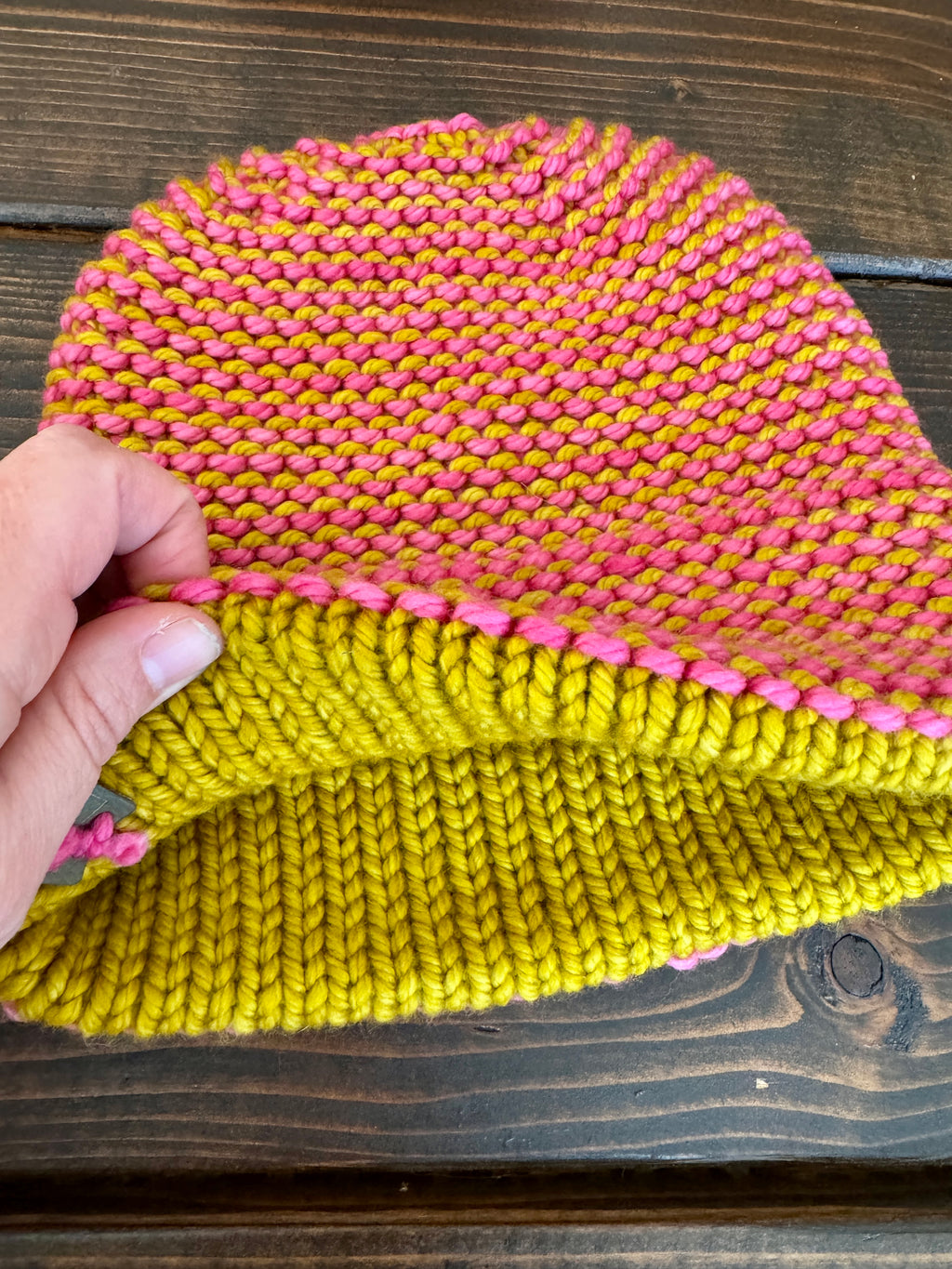 Luxury women's hand knit winter beanie pink gold color wool slow fashion gift