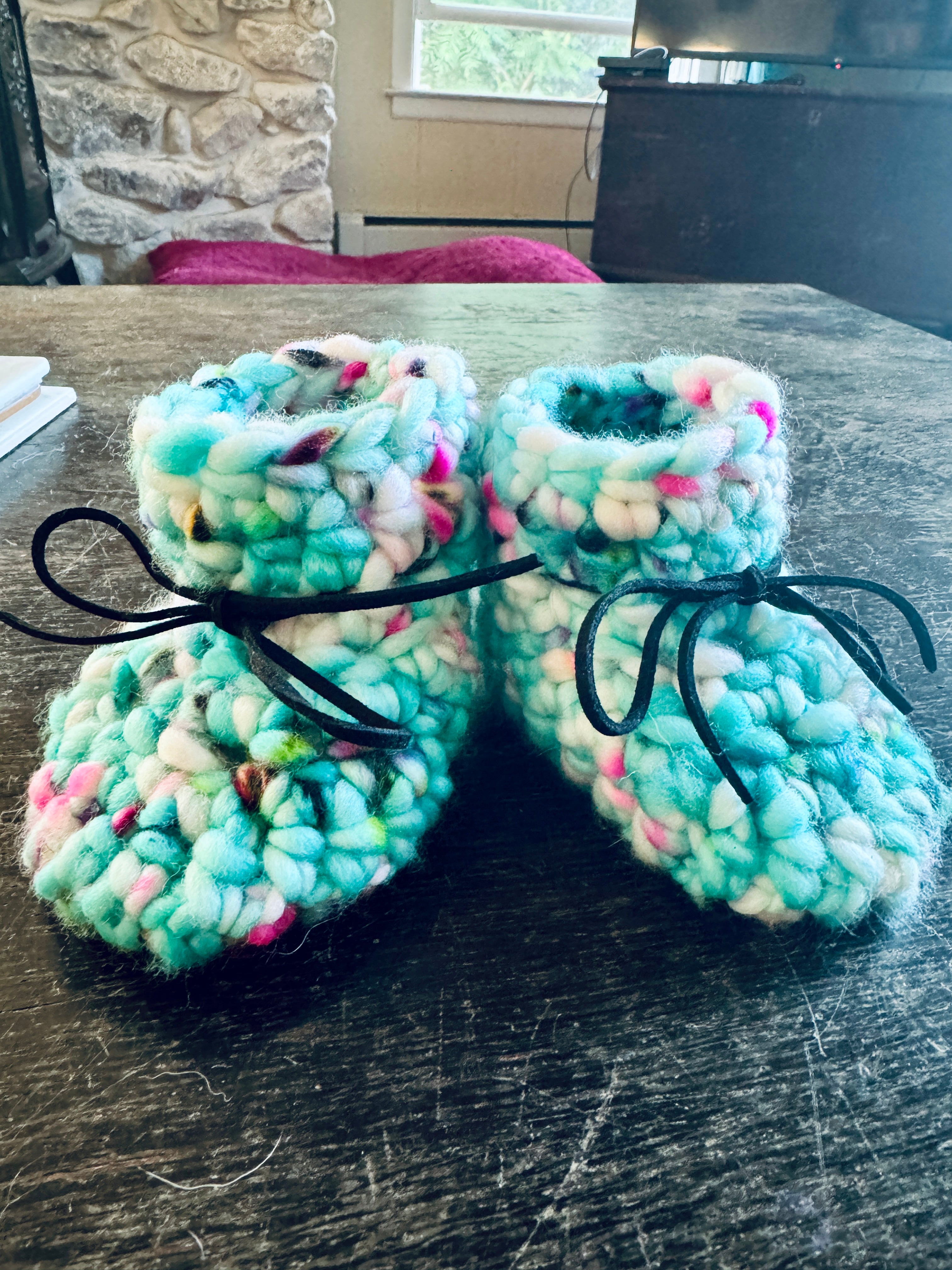 Luxury newborn crochet merino booties baby shower gift new mom cute hand dyed teal funky yarn