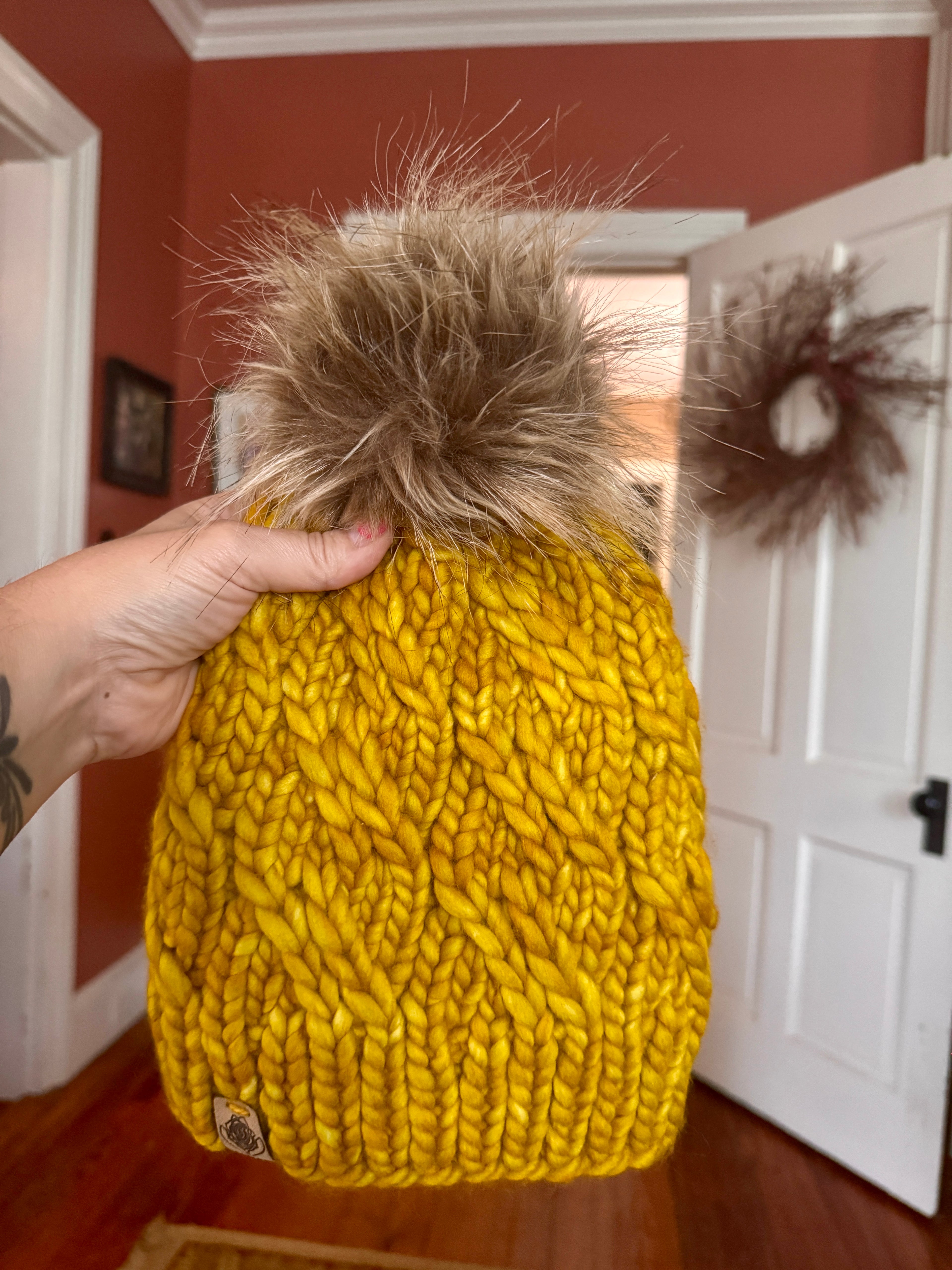 Luxury hand knit 100% merino wool womens winter hand knit pom pom hat beanie slow fashion