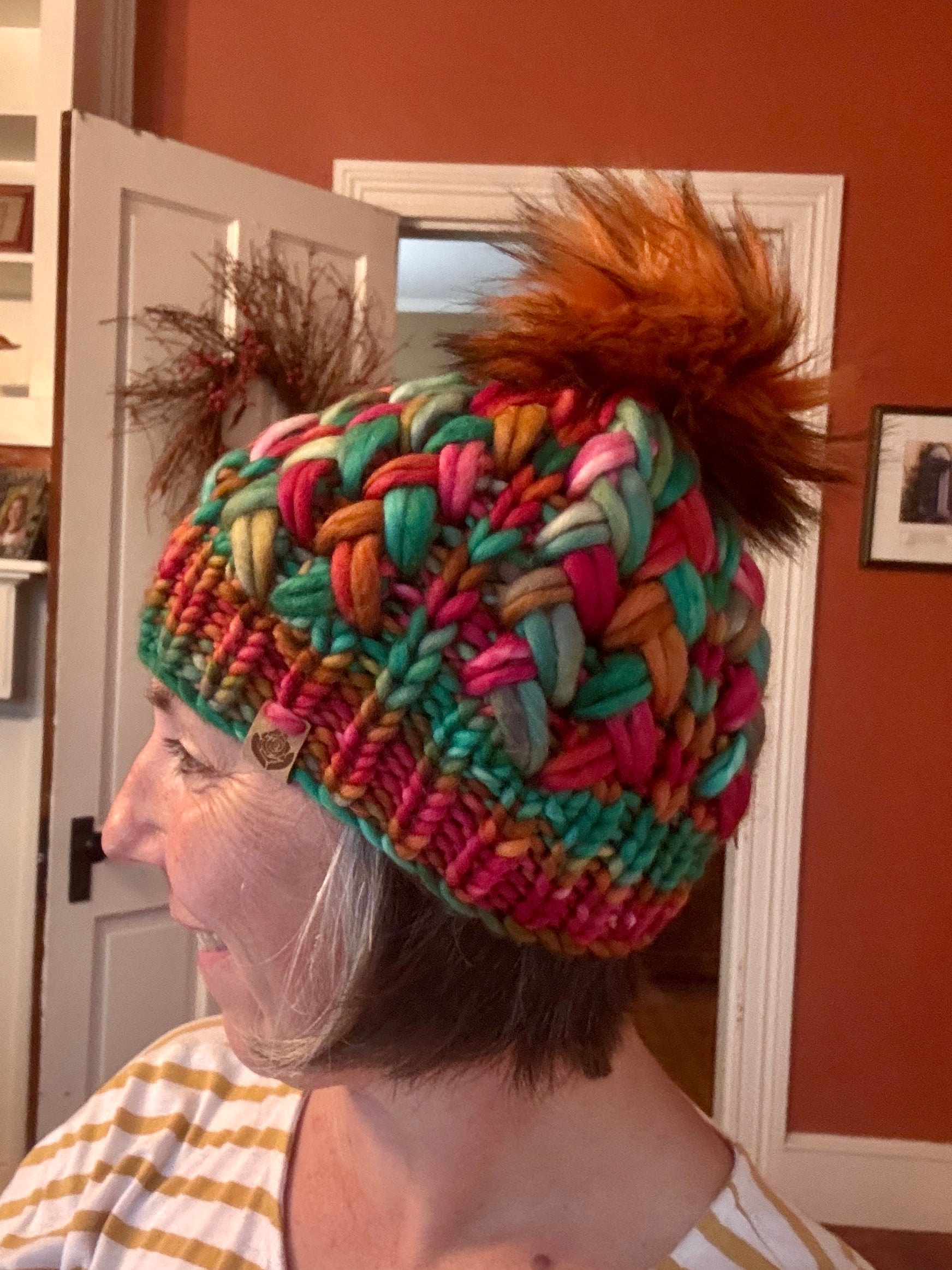 Luxury women's hand knit winter pom beanie texture multicolor fun color wool slow fashion gift