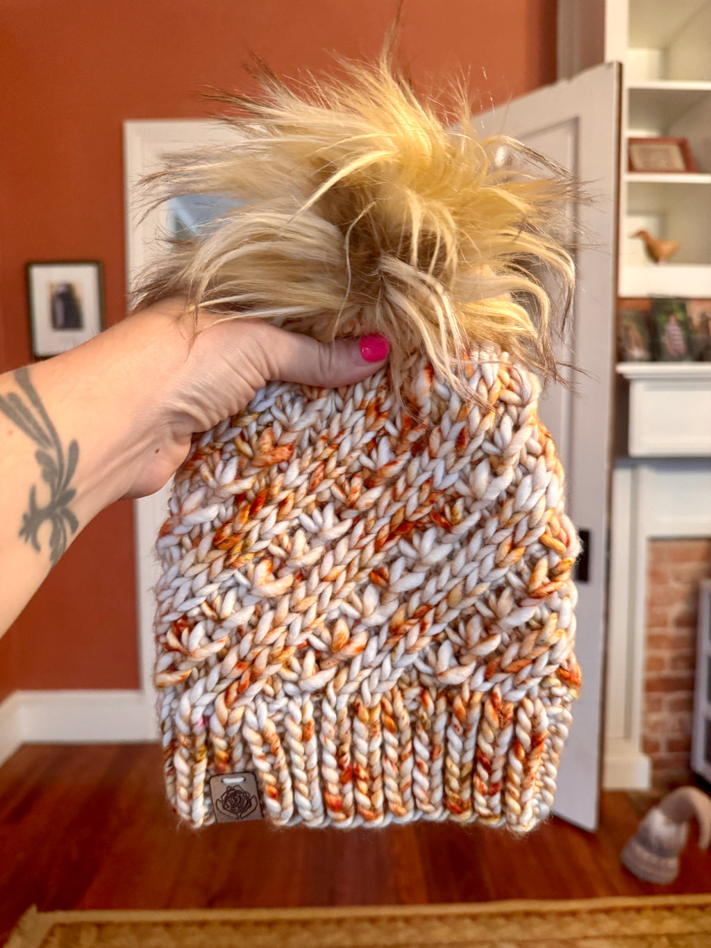 Luxury hand knit 100% merino wool jewel tone womens winter hand knit pom pom hat beanie slow fashion