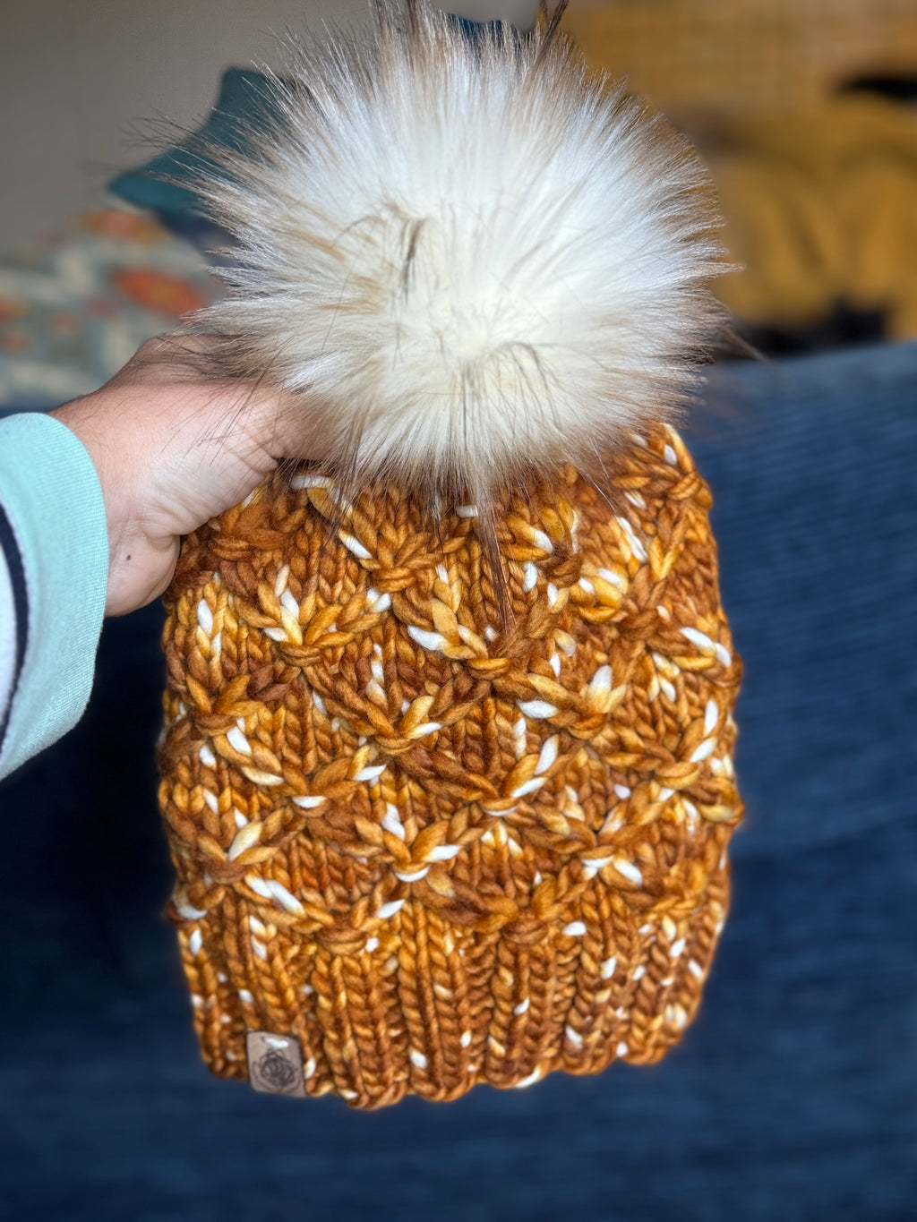 Luxury hand knit 100% merino wool golden womens winter hand knit pom pom hat beanie slow fashion
