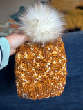 Luxury hand knit 100% merino wool golden womens winter hand knit pom pom hat beanie slow fashion