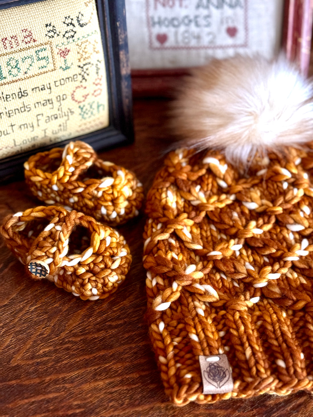 Luxury hand knit 100% merino wool golden womens winter hand knit pom pom hat beanie slow fashion