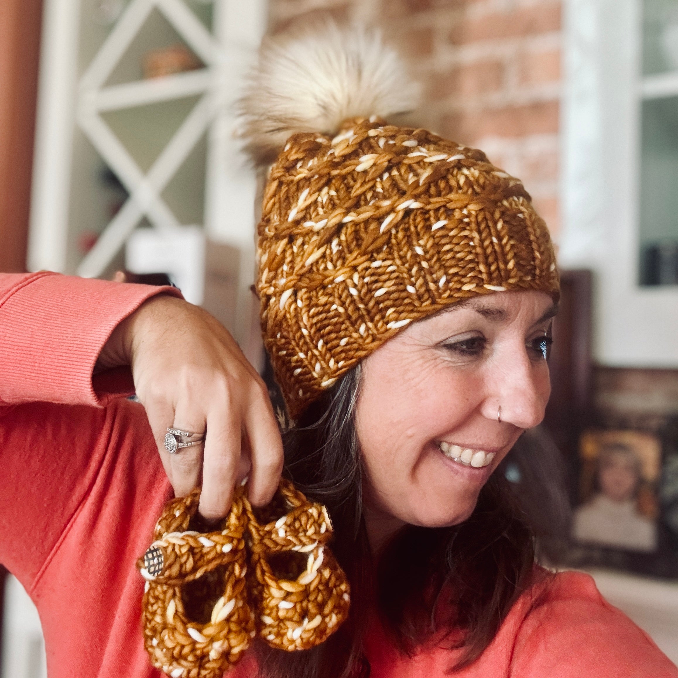 Luxury hand knit 100% merino wool golden womens winter hand knit pom pom hat beanie slow fashion