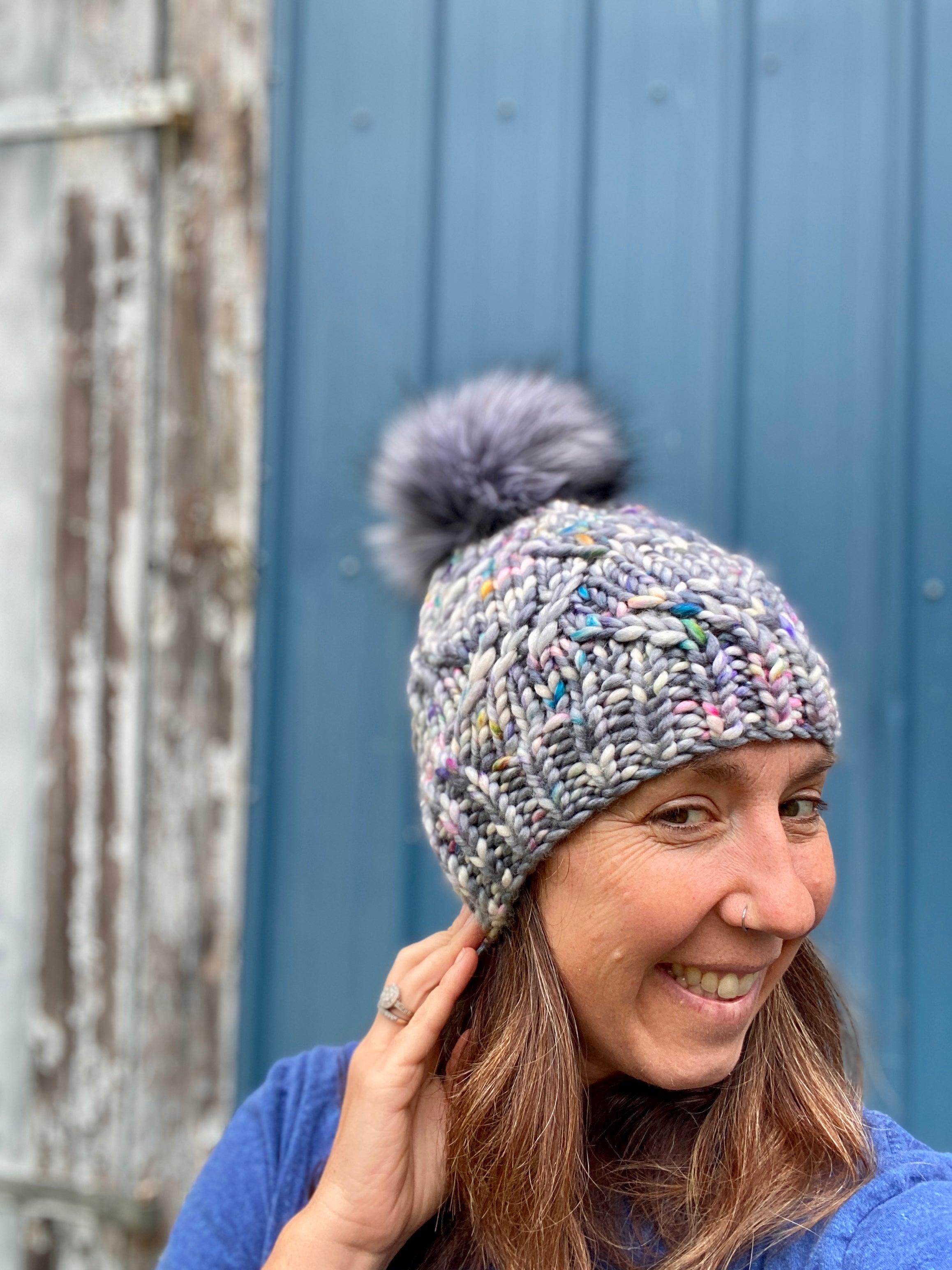Luxury hand knit 100% merino wool womens winter hand knit pom pom hat beanie slow fashion