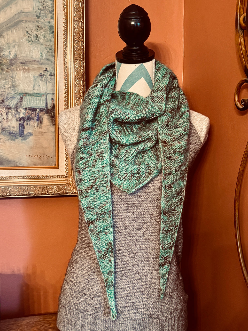Luxury women's hand knit high fashion wool slow fashion gift green shawl merino wool mohair