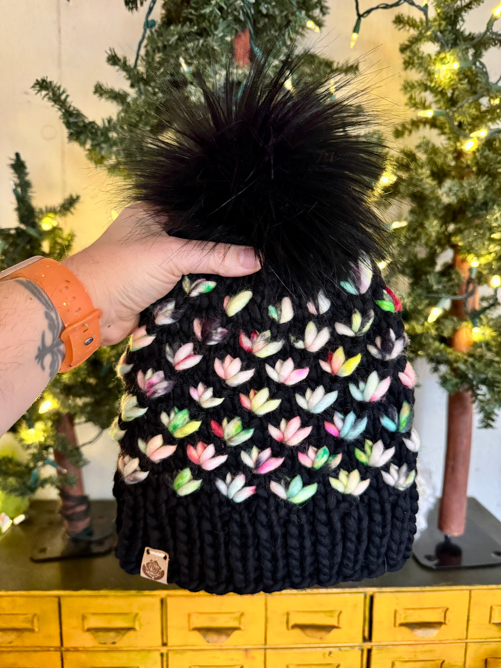 Luxury hand knit 100% hand dyed merino wool womens winter hand knit pom pom hat beanie slow fashion