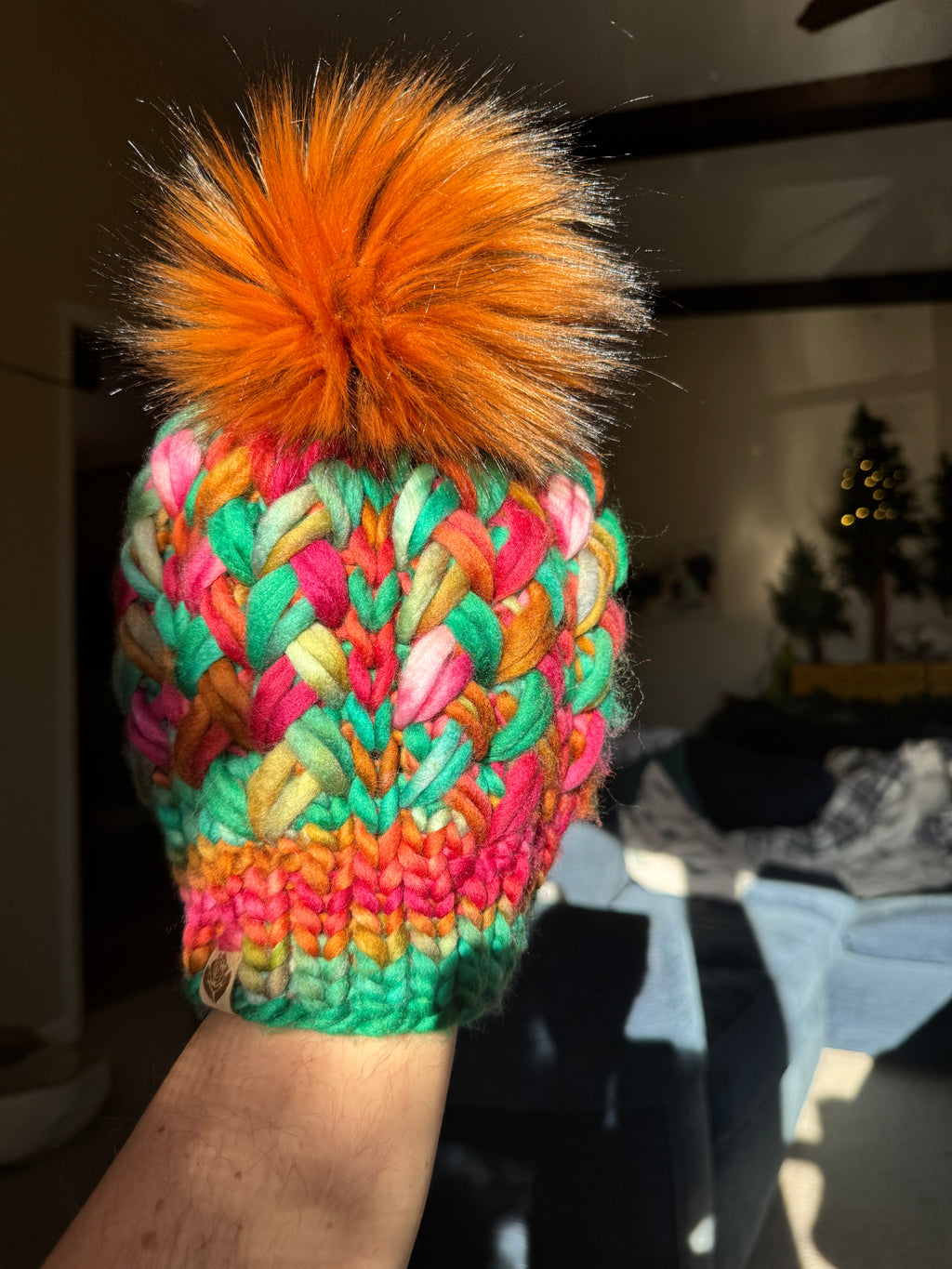 Luxury women's hand knit winter pom beanie texture multicolor fun color wool slow fashion gift