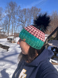 Luxury hand knit 100% merino wool green black pink womens winter hand knit pom pom hat beanie slow fashion