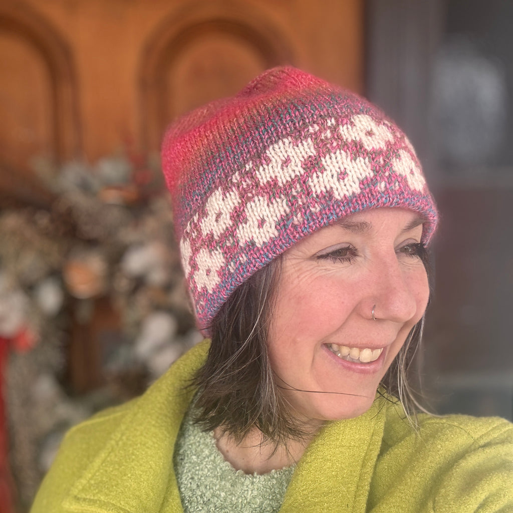 Luxury women's hand knit flowers winter beanie pink gold color wool slow fashion gift