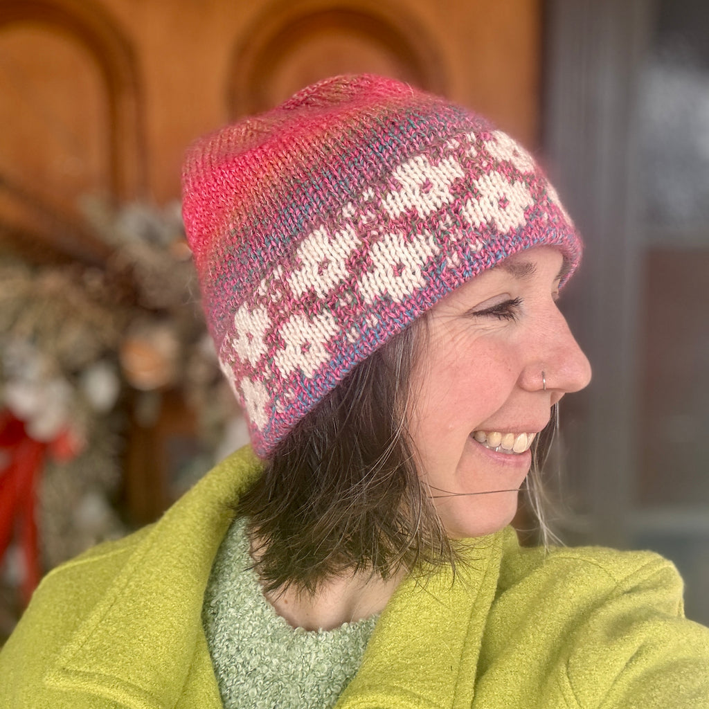 Luxury women's hand knit flowers winter beanie pink gold color wool slow fashion gift