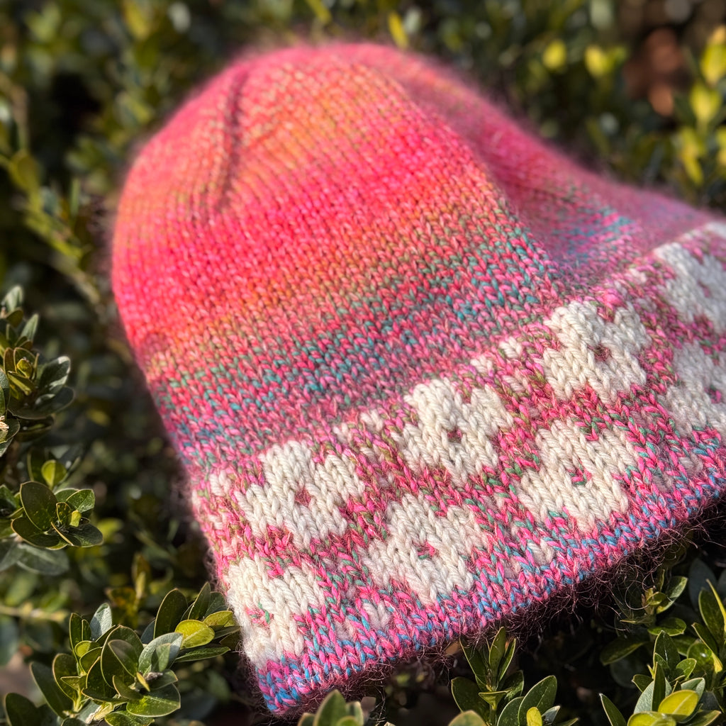Luxury women's hand knit flowers winter beanie pink gold color wool slow fashion gift