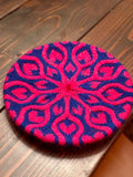 Luxury women's hand knit beret heart love valentine hot pink royal blue color wool slow fashion gift
