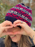 Hand knit merino wool valentine womens winter hat beanie hugs kisses navy hot pink xoxo