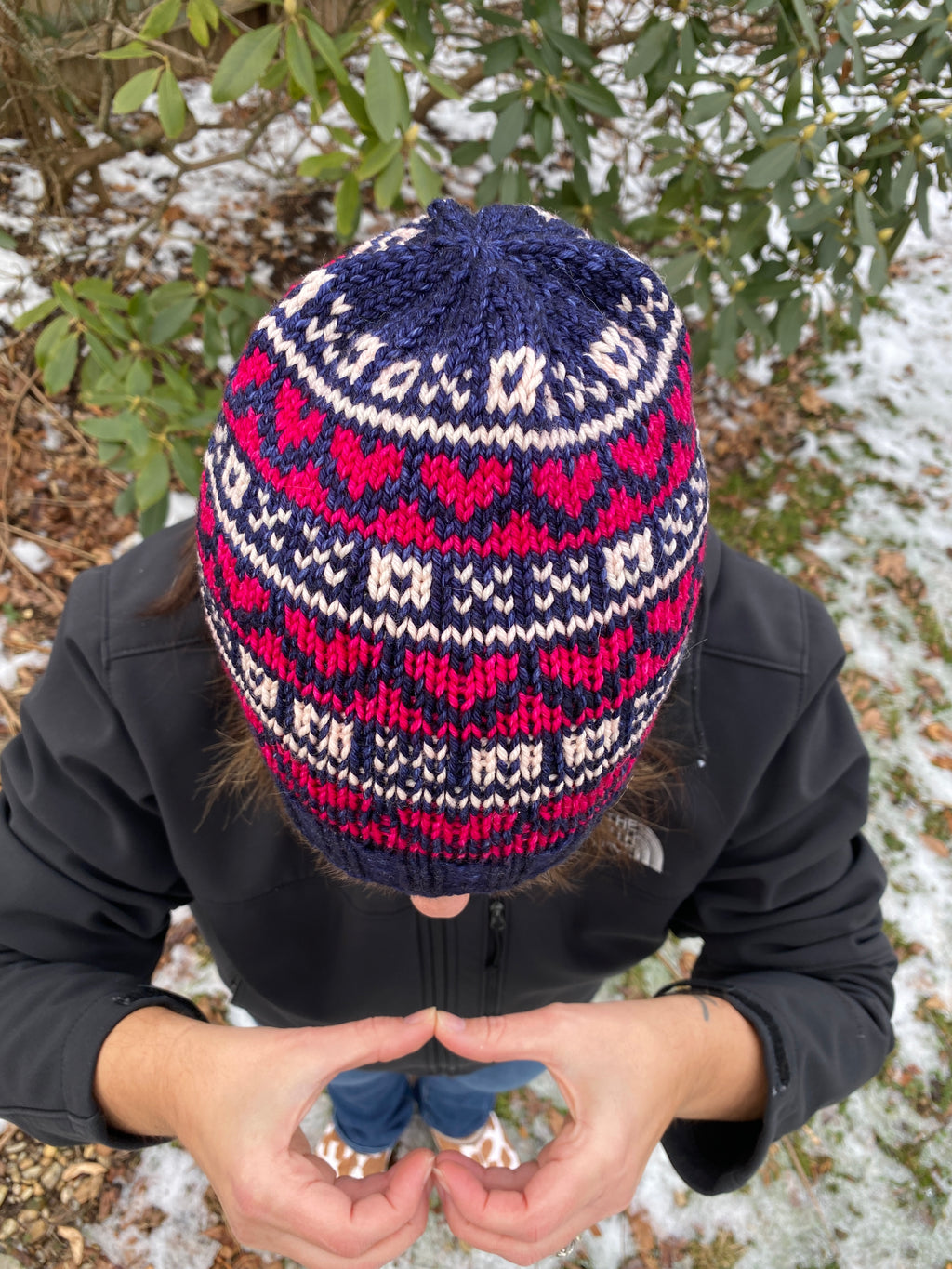 Hand knit merino wool valentine womens winter hat beanie hugs kisses navy hot pink xoxo