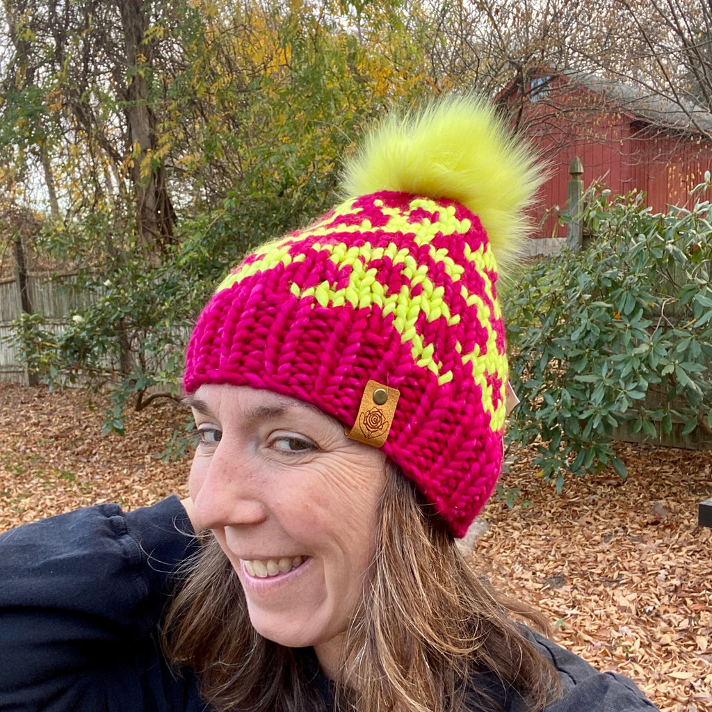 Luxury women's hand knit winter pom beanie neon yellow hot pink fluorescent color wool slow fashion gift