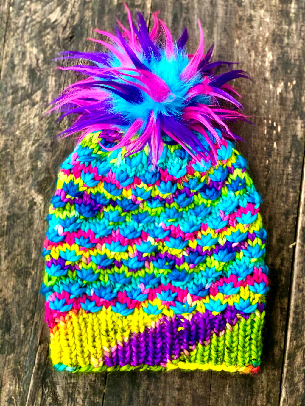 MADE TO ORDER Fun and funky crazy teal hot pink purple faux fur pom pom with wooden button
