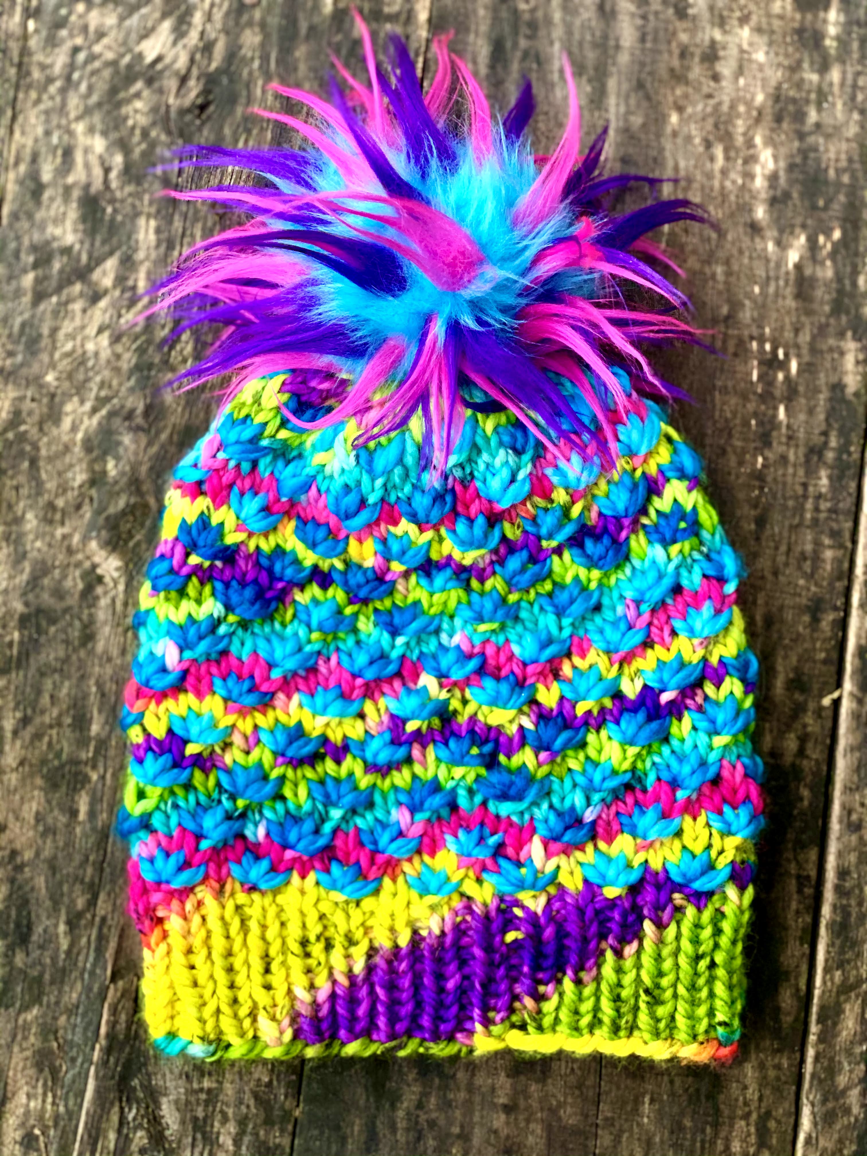 MADE TO ORDER Fun and funky crazy teal hot pink purple faux fur pom pom with wooden button