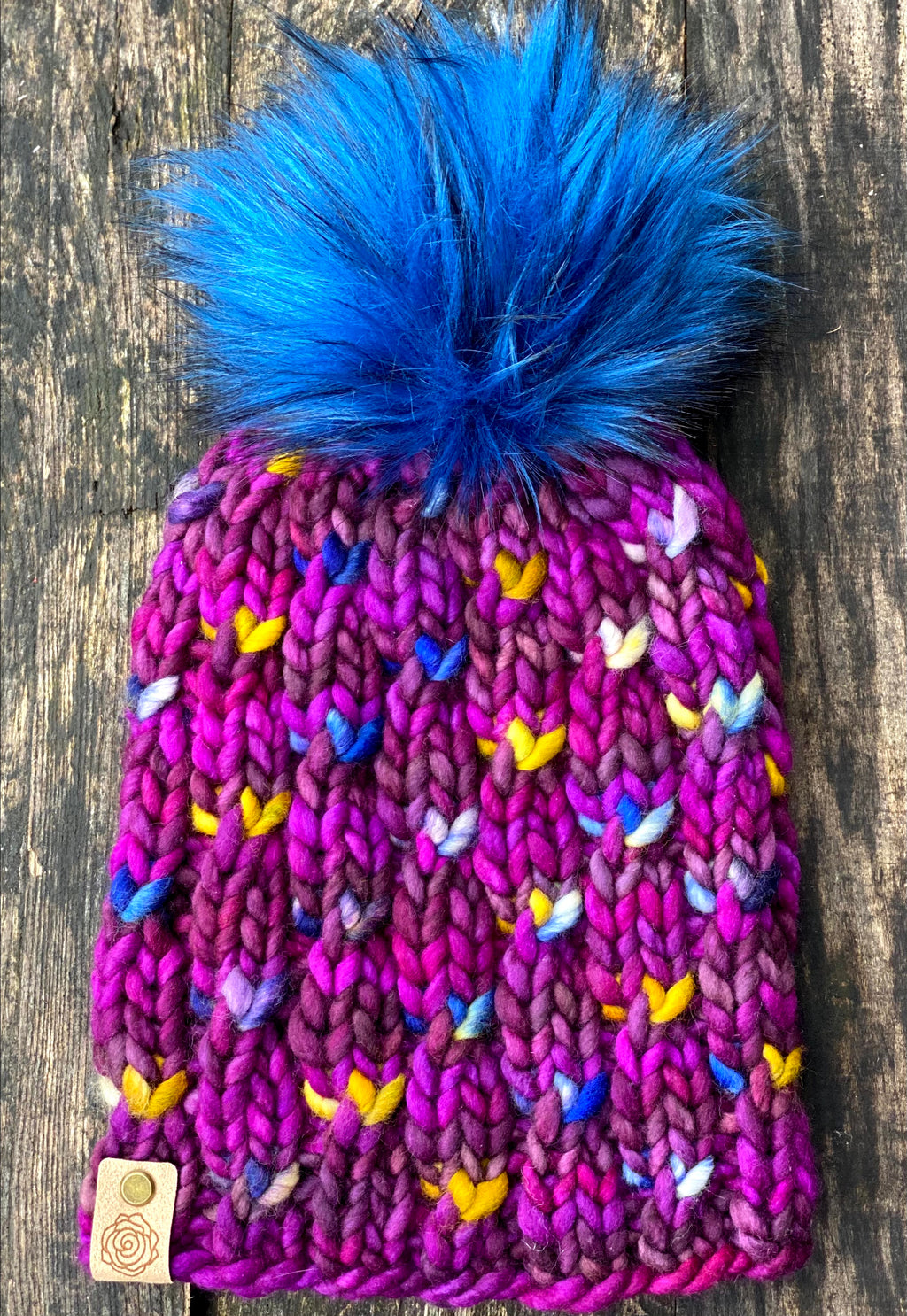 MADE TO ORDER Fun and funky blue with black faux fur pom pom with wooden button