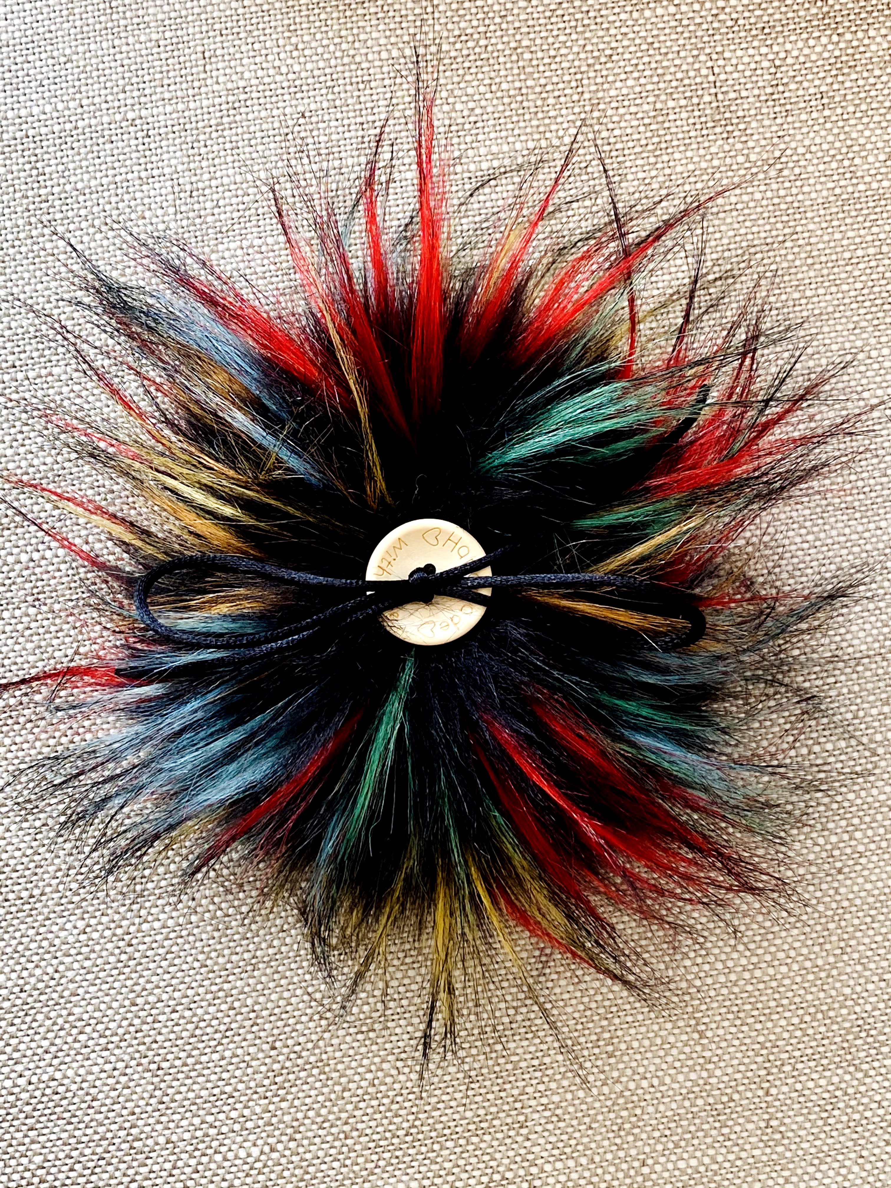 MADE TO ORDER Fun and funky firework black with long rainbow tip faux fur pom pom with wooden button