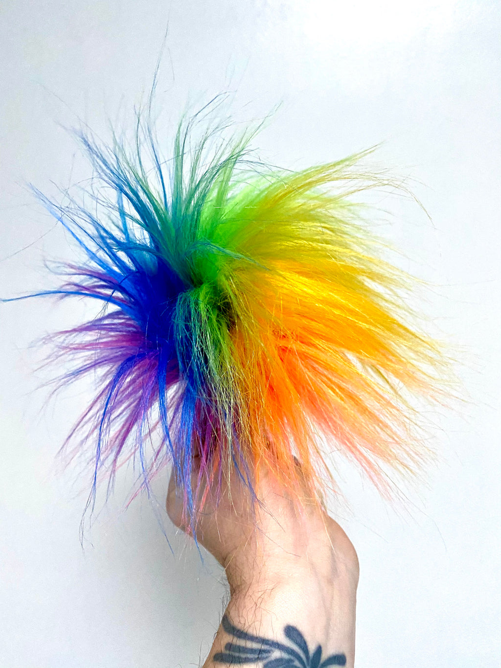 MADE TO ORDER Fun and funky rainbow blue purple hot pink yellow orange green faux fur pom pom with wooden button