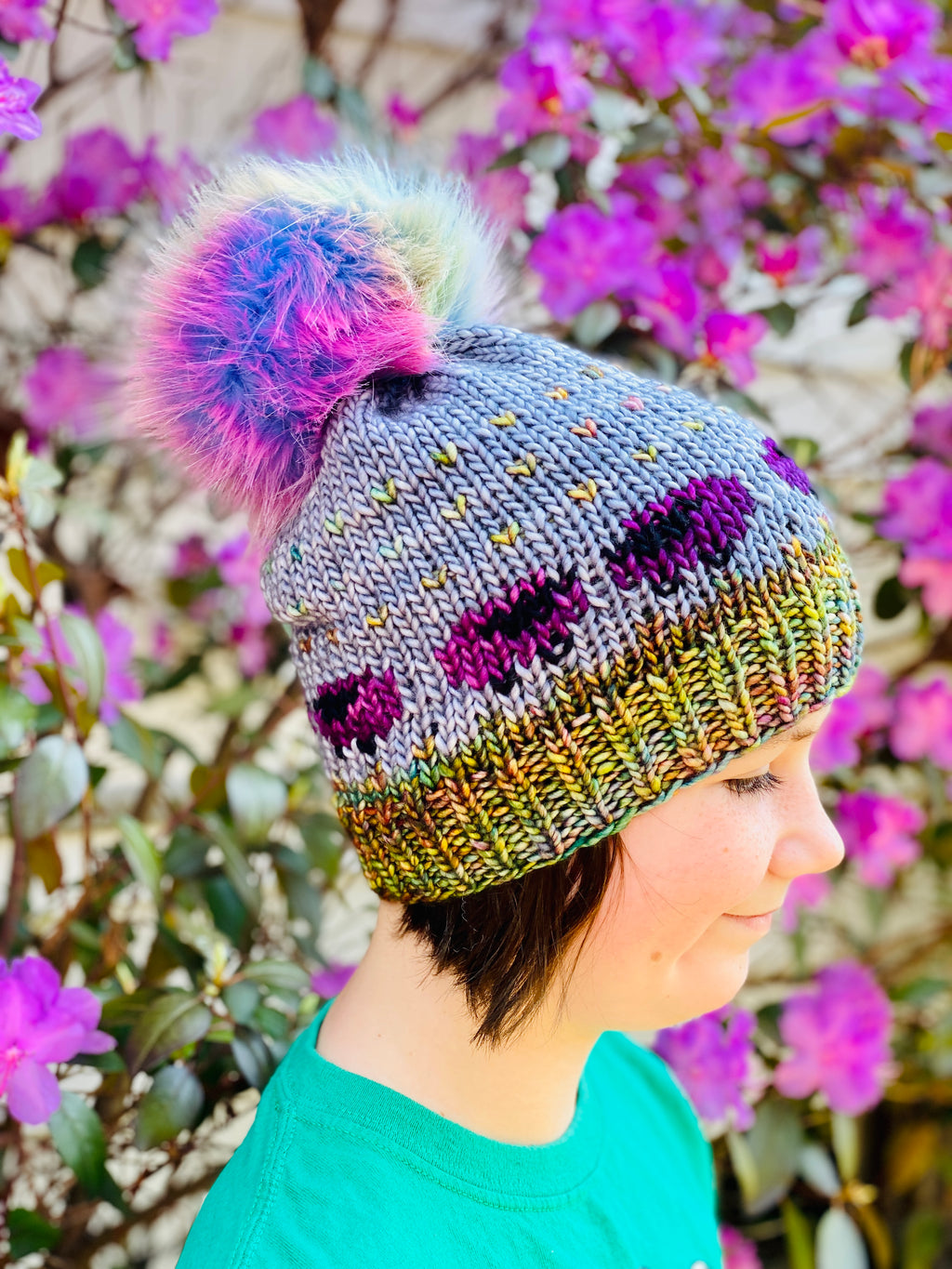 MADE TO ORDER Fun and funky rainbow blue purple faux fur pom pom with wooden button