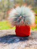 MADE TO ORDER Fun and silver sage light blue with firey long orange cream tipped tips faux fur pom pom with wooden button