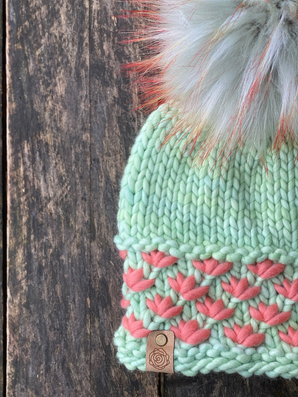 MADE TO ORDER Fun and silver sage light blue with firey long orange cream tipped tips faux fur pom pom with wooden button