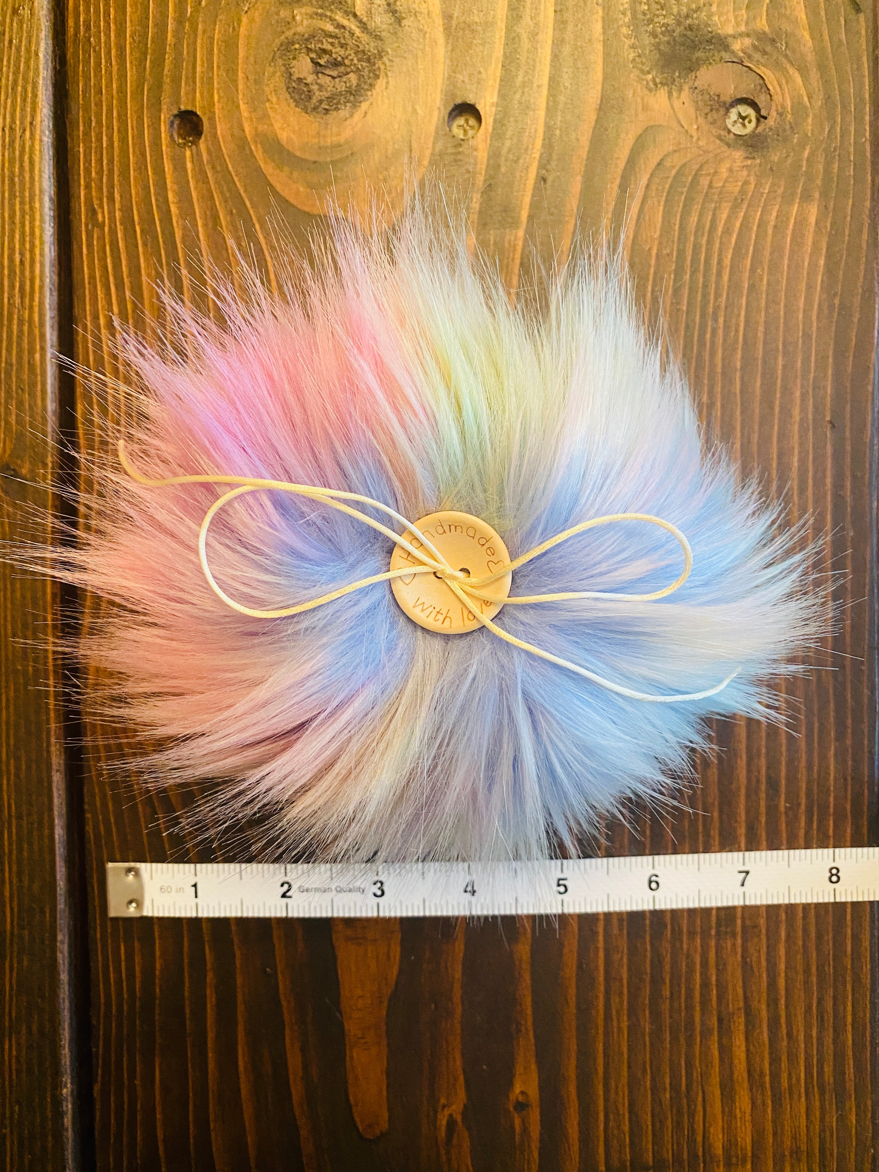 MADE TO ORDER Fun and funky rainbow blue purple faux fur pom pom with wooden button