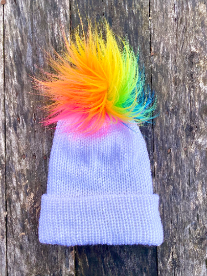 MADE TO ORDER Fun and funky rainbow blue purple hot pink yellow orange green faux fur pom pom with wooden button